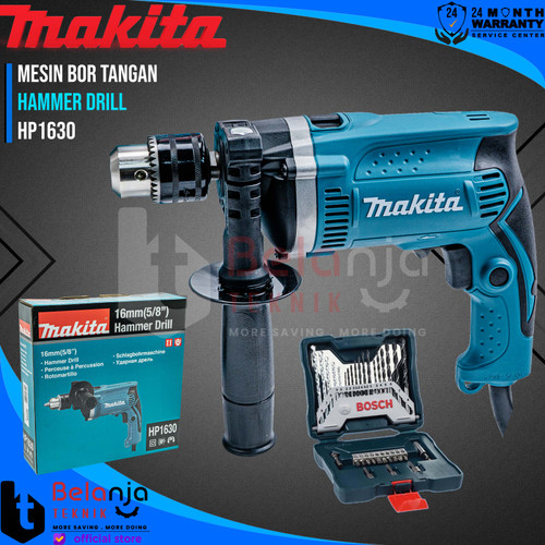 [EZM.3502446] Makita Bor Tangan HP 1630 16 MM HP1630 710 Watt + Bosch X-line 33 Pcs