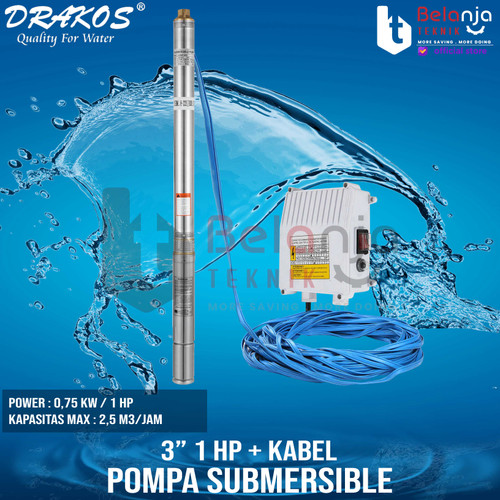 [EZM.3502906] Drakos Submersible Pump 3 Inch 1 HP Pompa Air Satelit Celup dan Kabel