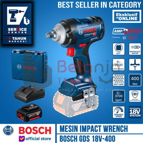 [EZM.3503109] Bosch Mesin Impact Wrench Cordless GDS 18V-400 Charger Baterai 4 Ah