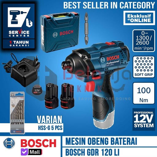 BOSCH Mesin Obeng Baterai GDR 120 LI Impact + Mata Bor Besi HSS-G 5Pcs