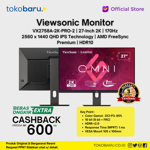 [EZO.7200404] Monitor Gaming 27" ViewSonic VX2758A-2K-Pro HDR10 170Hz 1ms IPS 2K QHD