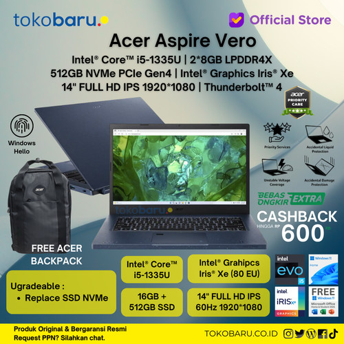 [EZO.2100157] ACER LAPTOP ASPIRE VERO AV14-52P-53ED 14" i5-1335U RAM 16GB 512GB W11
