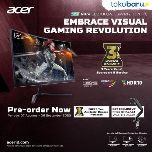 [EZO.7200462] Monitor Acer Curved 27 Inch Acer Nitro ED270U_P2 | Curved 2K 170Hz