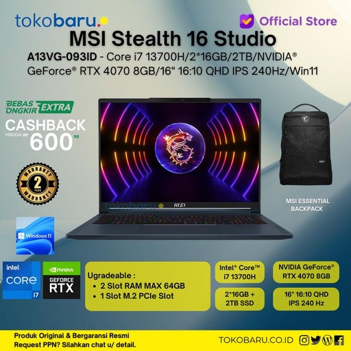 Laptop Gaming MSI Stealth 16Studio A13VG-093ID i7-13700H/32GB/RTX4070