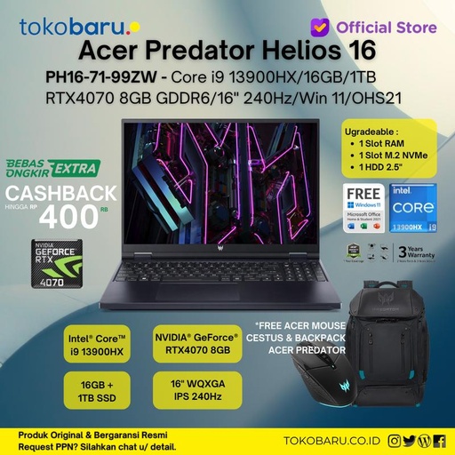 ACER PREDATOR HELIOS PH16 71 99ZW - RTX4070 8GB I9 13900HX 16GB 1TBSSD