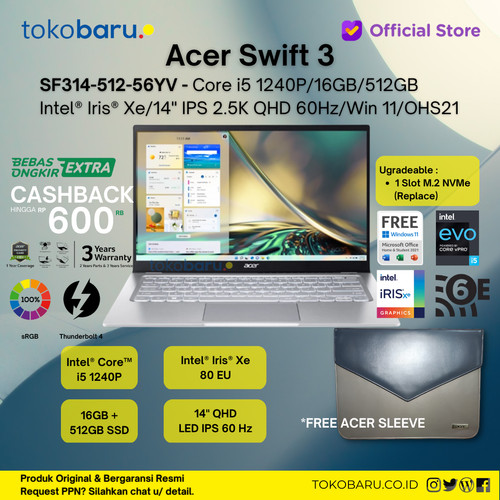 [EZO.2100194] ACER SWIFT 3 SF314-512-56YV 14"QHD GEN 12 i5-1240P RAM 16G 512G W11