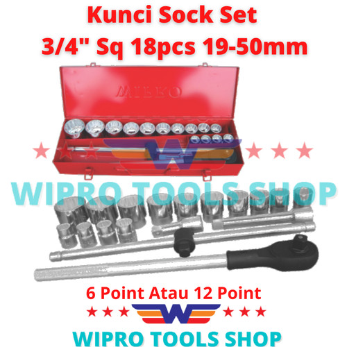 [EZM.1005994] Kunci Sok Sock Set 3/4" Sq 18Pcs 19-50mm 6Pt / 12Pt Chrome Wipro