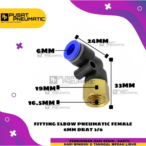 [EZM.9502397] PLF 6-03 FITTING ELBOW PNEUMATIC FEMALE SELANG 6MM DRAT 3/8"