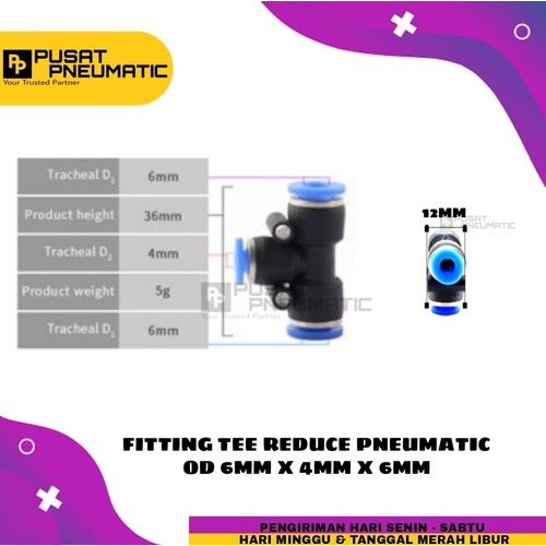 [EZM.9502406] FITTING TEE REDUCE PNEUMATIC SELANG 6MM KIRI KANAN 4MM BAWAH