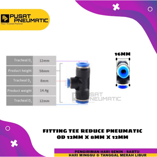 [EZM.9502407] FITTING TEE REDUCE PNEUMATIC SELANG 12MM KIRI KANAN 8MM BAWAH