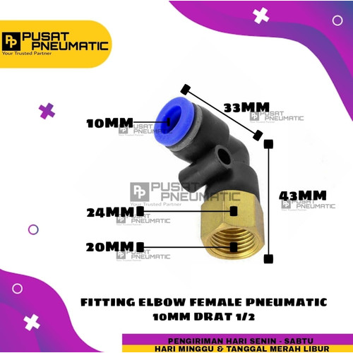 [EZM.9502609] PLF 10-04 FITTING ELBOW PNEUMATIC FEMALE SELANG 10MM DRAT 1/2"
