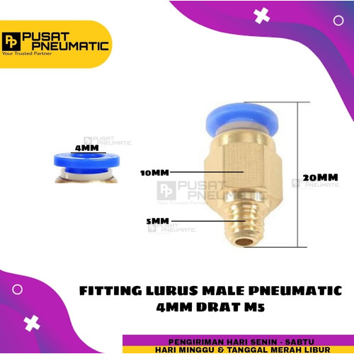 [EZM.9502733] FITTING LURUS MALE PNEUMATIC SELANG 4MM DRAT M5