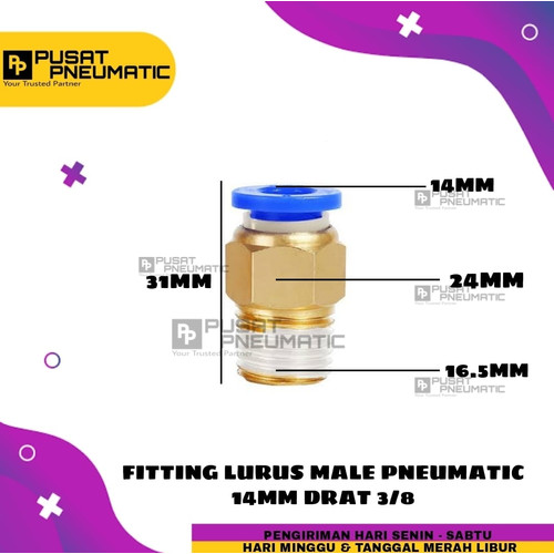 [EZM.9502976] FITTING LURUS MALE PNEUMATIC SELANG 14MM DRAT 3/8"
