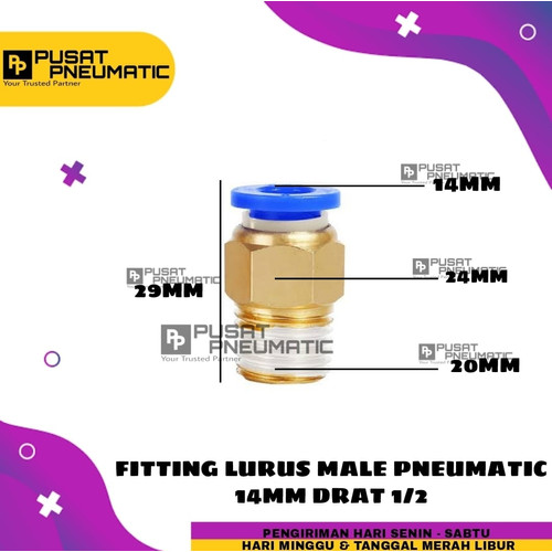 [EZM.9502977] FITTING LURUS MALE PNEUMATIC SELANG 14MM DRAT 1/2"