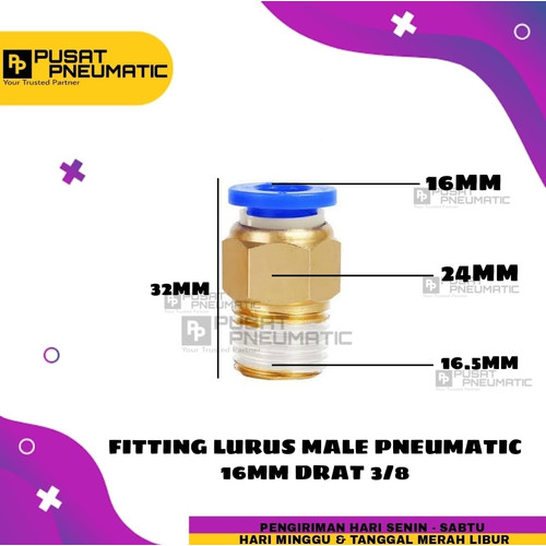 [EZM.9502978] FITTING LURUS MALE PNEUMATIC SELANG 16MM DRAT 3/8"