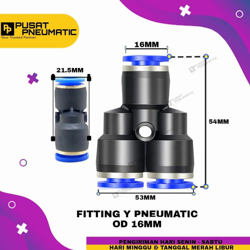 [EZM.9503083] Y 16MM FITTING Y PNEUMATIC UKURAN 16MM X 16MM X 16MM mpy 16