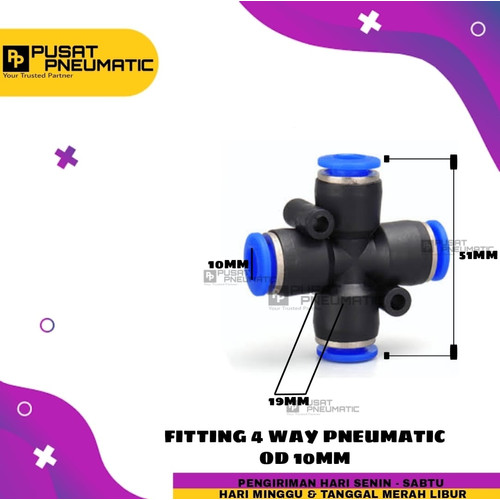 [EZM.9503238] Fitting pneumatic Cross 4 Cabang/ Fitting + 4 tube sama Ukran 10mm