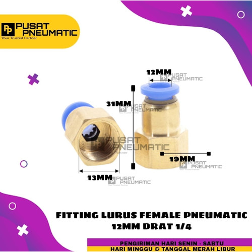 [EZM.9503254] FITTING LURUS FEMALE PNEUMATIC SELANG 12MM DRAT 1/4"(12mm)