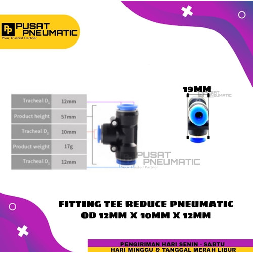 [EZM.9503266] FITTING TEE REDUCE PNEUMATIC SELANG 12MM KIRI KANAN 10MM BAWAH
