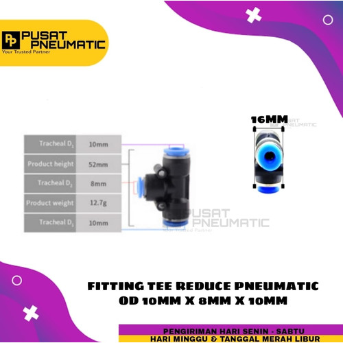 [EZM.9503267] FITTING TEE REDUCE PNEUMATIC SELANG 10MM KIRI KANAN 8MM BAWAH
