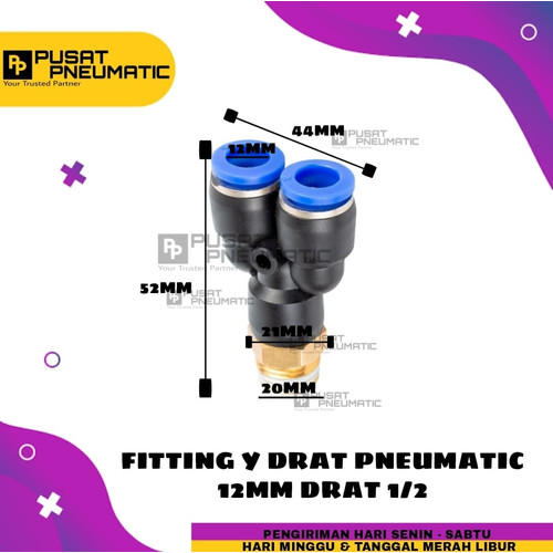 [EZM.9503285] FITTING Y DRAT 2 TUBE UKURAN 12 MM DRAT UKRAN 1/2"(20MM)