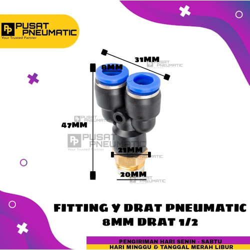 [EZM.9503293] FITTING Y DRAT 2 TUBE UKURAN 8 MM DRAT UKRAN 1/2"(20MM)