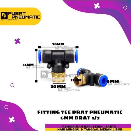 [EZM.9503313] FITTING TEE(EPB) KIRI KANAN TUBE 6 MM Drat 1/2"(20mm)