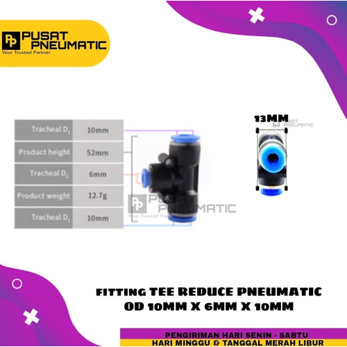 [EZM.9503350] FITTING TEE REDUCE PNEUMATIC SELANG 10MM KIRI KANAN 6MM BAWAH