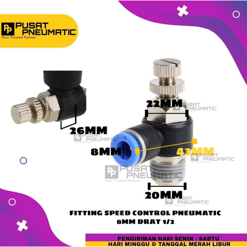 [EZM.9503353] FITTING SPEED CONTROL / FLOW CONTROL ELBOW SELANG 8 DRAT 1/2" / 20MM