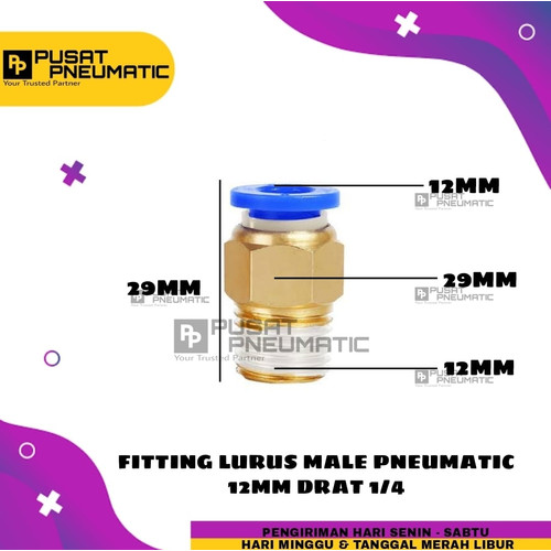 [EZM.9503391] FITTING LURUS MALE PNEUMATIC SELANG 12MM DRAT 1/4"