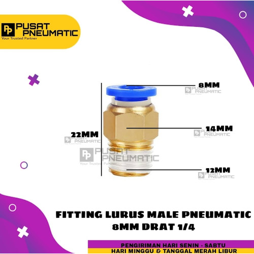 [EZM.9503399] FITTING LURUS MALE PNEUMATIC SELANG 8MM DRAT 1/4"