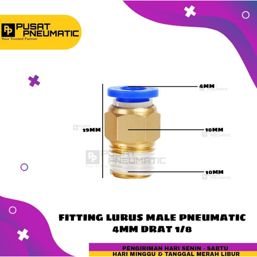 [EZM.9503406] FITTING LURUS MALE PNEUMATIC SELANG 4MM DRAT 1/8