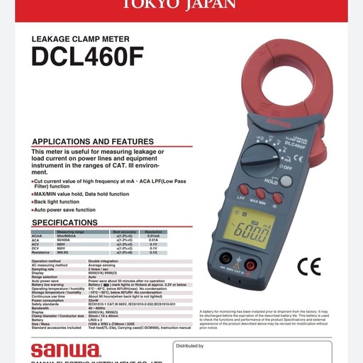 [EZR.1700138] Sanwa DCL460F Leakage Clamp Meter Sanwa DCL460F Murah Original