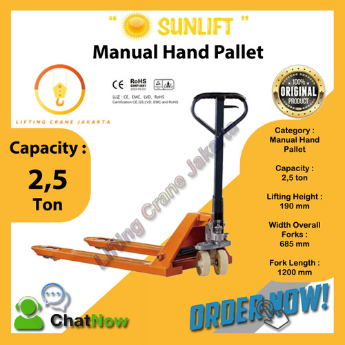 [EZO.1500051] Hand Pallet Manual SUN-Lift 2500 Kg / 2.5 Ton Lebar Garpu Standart