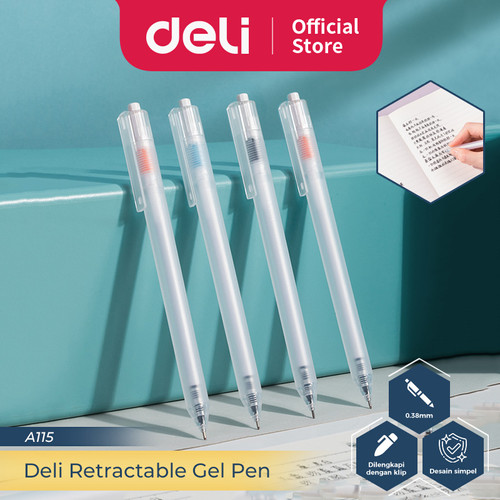 [EZO.7300094] Deli Retractable Gel Pen/Pulpen Cetek 0.38 mm Isi 12 pcs A115-Black-12