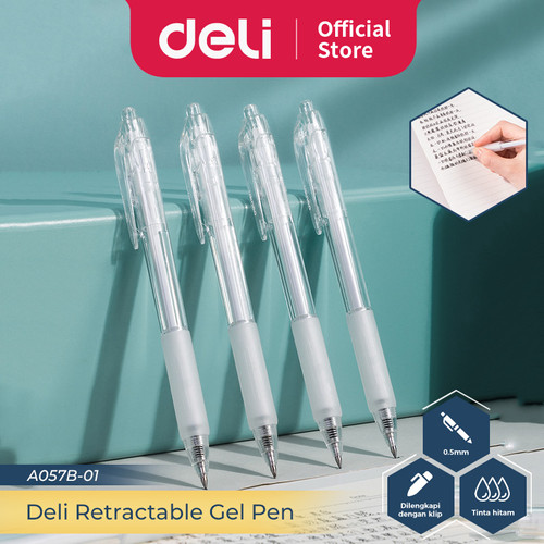 [EZO.7300096] Deli Retractable Gel Pen / Pulpen Cetek 0.5 mm Isi 12 pcs A057B-01-12P