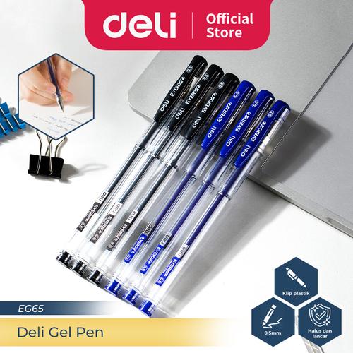[EZO.7300102] Deli Pulpen Gel / Gel Pen 0.5 mm Isi 12 pcs Tinta Hitam/Biru EG65