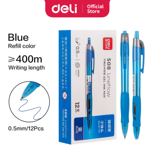 [EZO.7300155] Deli Gel Pen Pulpen Gel Cetek 0.5 mm Tinta Hitam Biru Merah 12 PCS S08