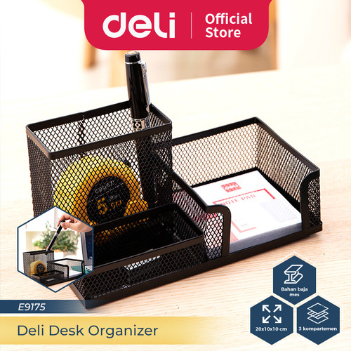 [EZO.7300184] Deli Organizer / Tempat Alat Tulis Bahan Metal 3 Sekat Hitam E9175