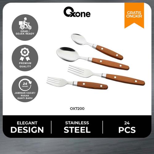 [EZO.4700147] Oxone OX7200 24Pcs Half Tang Cutlery Set Sendok Garpu Makan Stainless Steel Kayu
