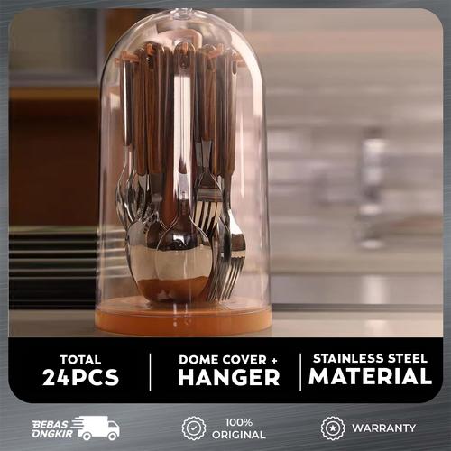 [EZO.4700298] Oxone OX9700 24Pcs Cutlery Set Wooden Handle Sendok Garpu Makan Stainless Steel Kitchenware