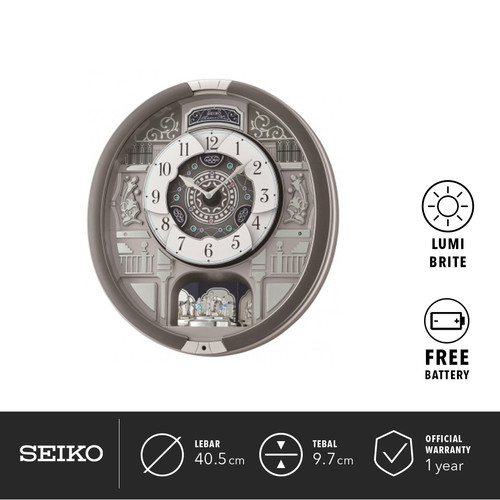 Jam Dinding Seiko QXM366S 44.3Cm Silver Color Silver Marble Pattern Dial Melodies in Motion Ori