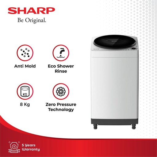 [EZO.3700318] Sharp Mesin Cuci 1 Tabung ES-M809T-GG White 8Kg