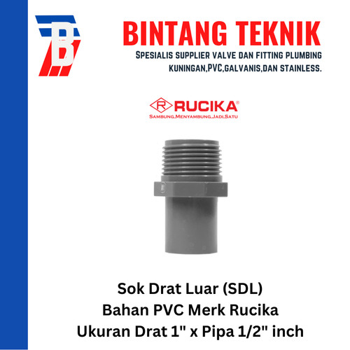 [EZR.2701777] Sok Drat Luar (SDL) PVC Rucika Drat 1" X Pipa 1/2" inch