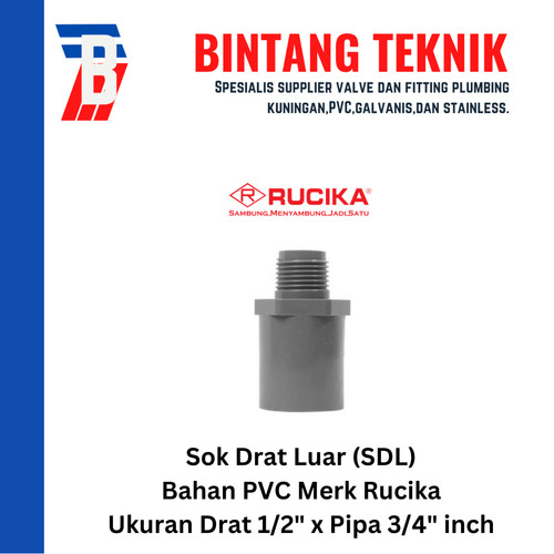 [EZR.2701780] Sok Drat Luar (SDL) PVC Rucika Drat 1/2" X Pipa 3/4" inch