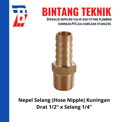 [EZR.2702269] Nepel (Nipple) Selang Kuningan Drat 1/2" x Selang 1/4"