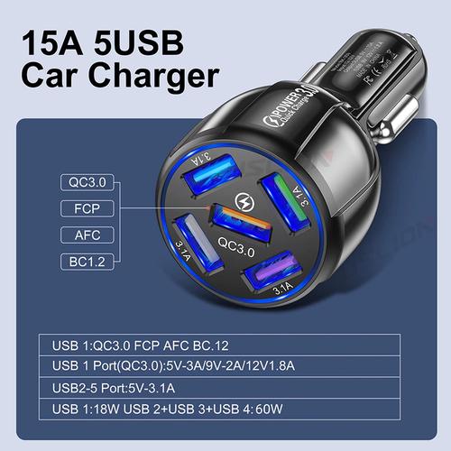 [EZO.1000364] BK-355 Charger Mobil USB 5 Port QC 3.0 Car Lighter Slot 1.8A 15A Hitam