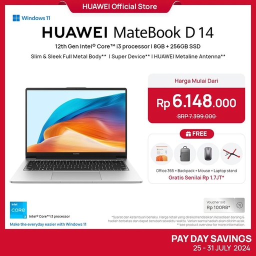 HUAWEI MateBook D 14 i3-1215U 8+256GB SSD | Sleek Full Metal Body