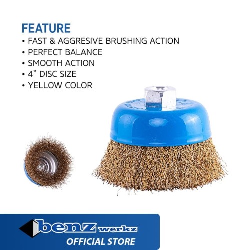 [EZM.5300380] Sikat Kawat Mangkok Kuning 4 inch / Crimped Wire Cup Brush Benz Werkz