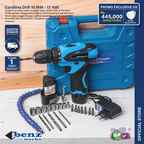 [EZM.5300417] Mesin Bor Obeng Baterai 12v + Set Mata Obeng 23Pcs by BENZ